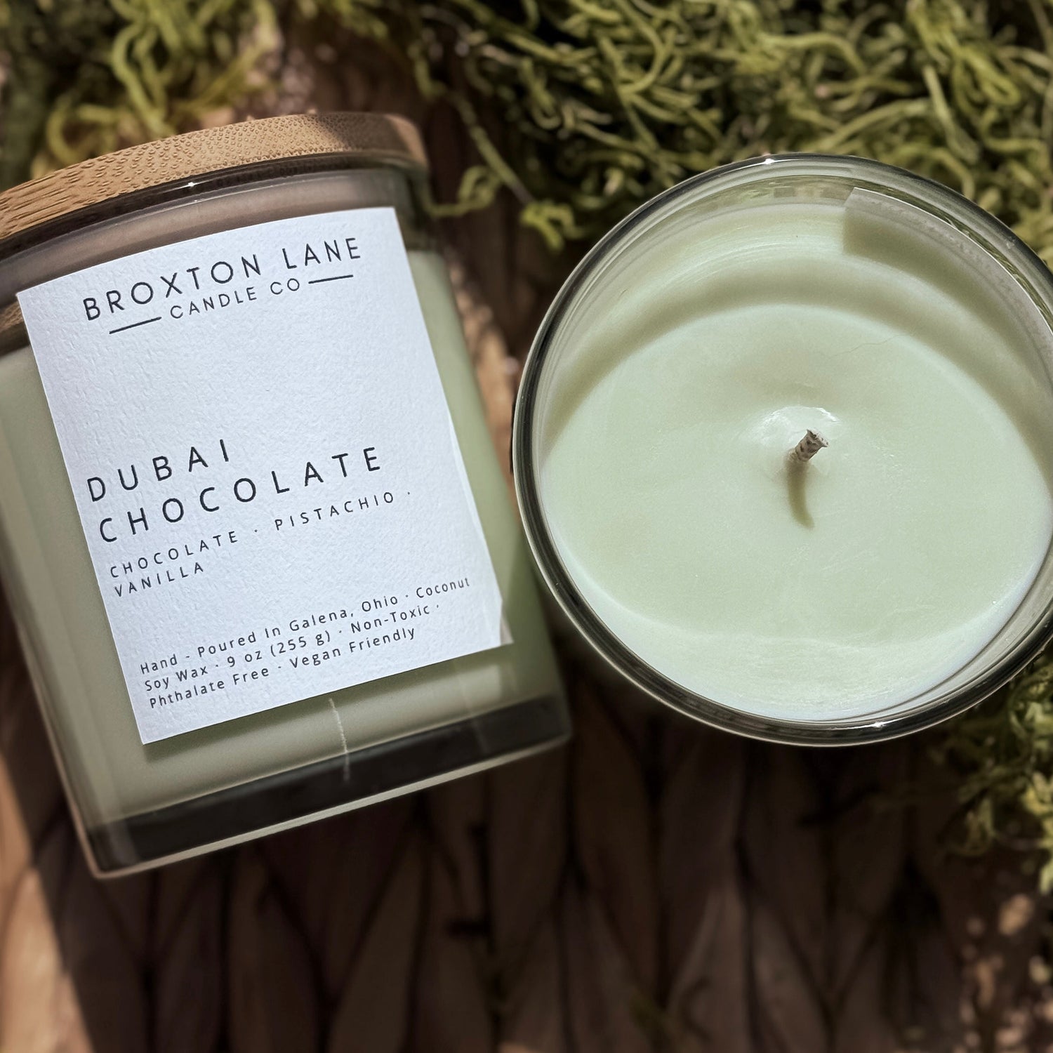 Broxton Lane candle with 'Dubai Chocolate' label on a natural background