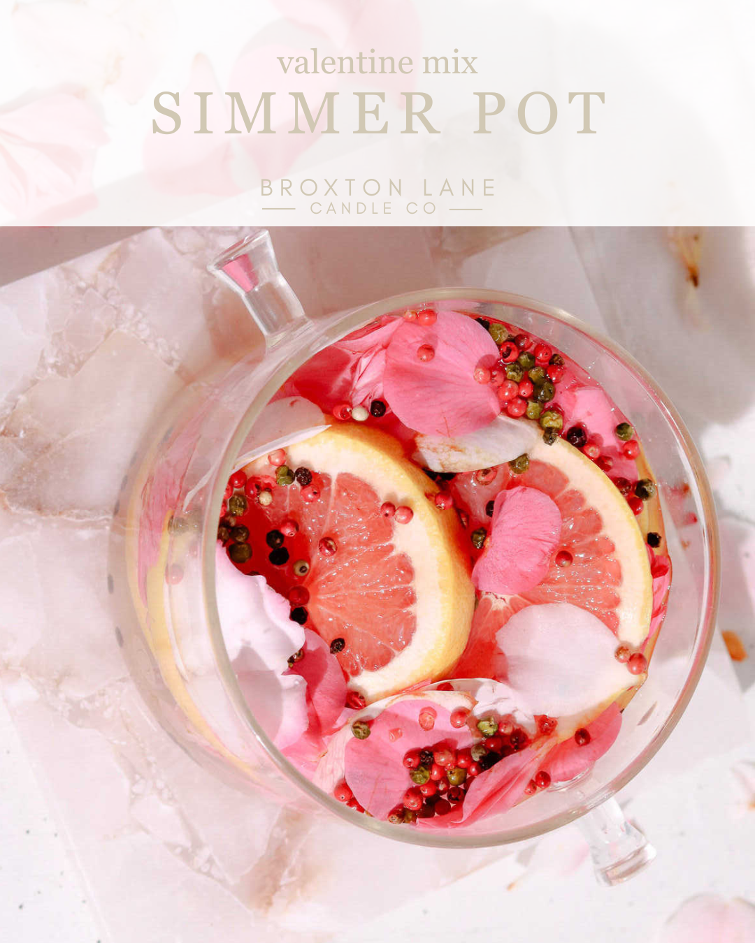 Glass simmer pot for stove top with pink floral and citrus slices on a light background, featuring 'Broxton Lane' branding.