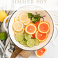 grapefruit lemon and lime slices with mint in a pot with decorative background. Citrus simmer pot mix