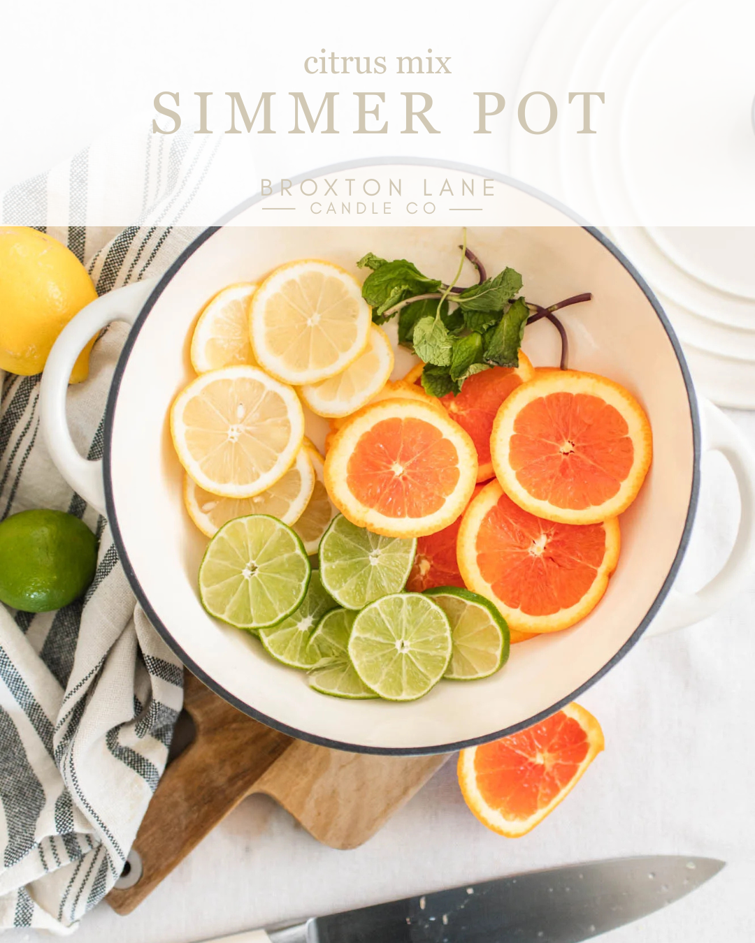 grapefruit lemon and lime slices with mint in a pot with decorative background. Citrus simmer pot mix